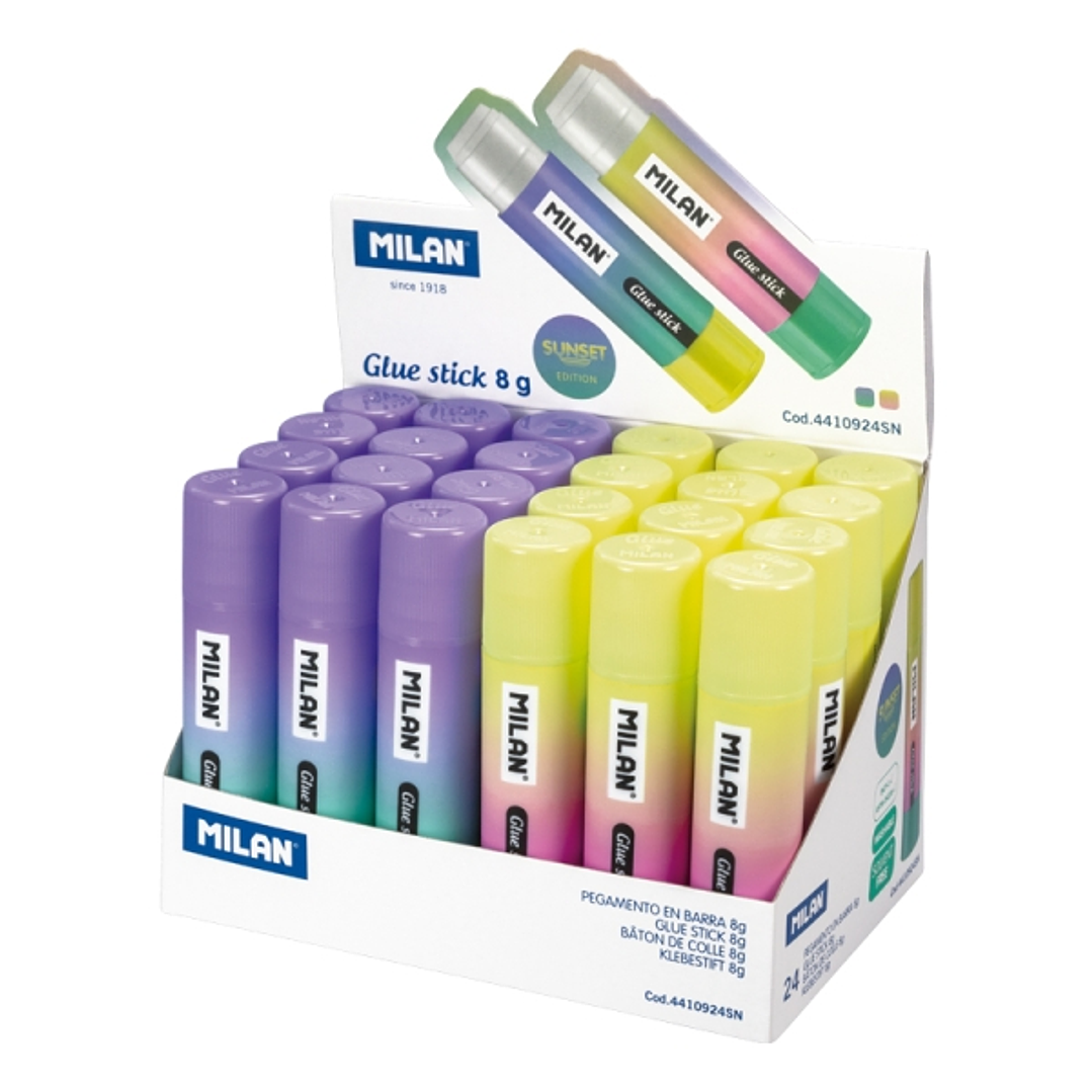 Milan Sunset Expositor con 24 Barras de Pegamento 8g - Multiusos - Multisuperficies - Sin Disolventes - Uso Escolar - Colores Surtidos 1