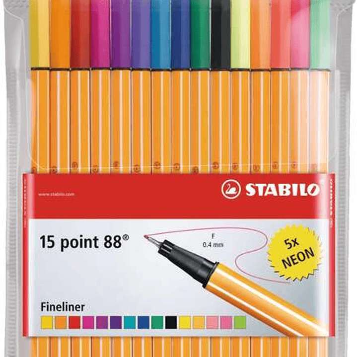 Stabilo Point 88 Pack de 15 Rotuladores de Punta Fina de Fibra - Trazo de 0.4 mm - Tinta con Base de Agua - 10 Colores Surtidos + 5 Neon 1