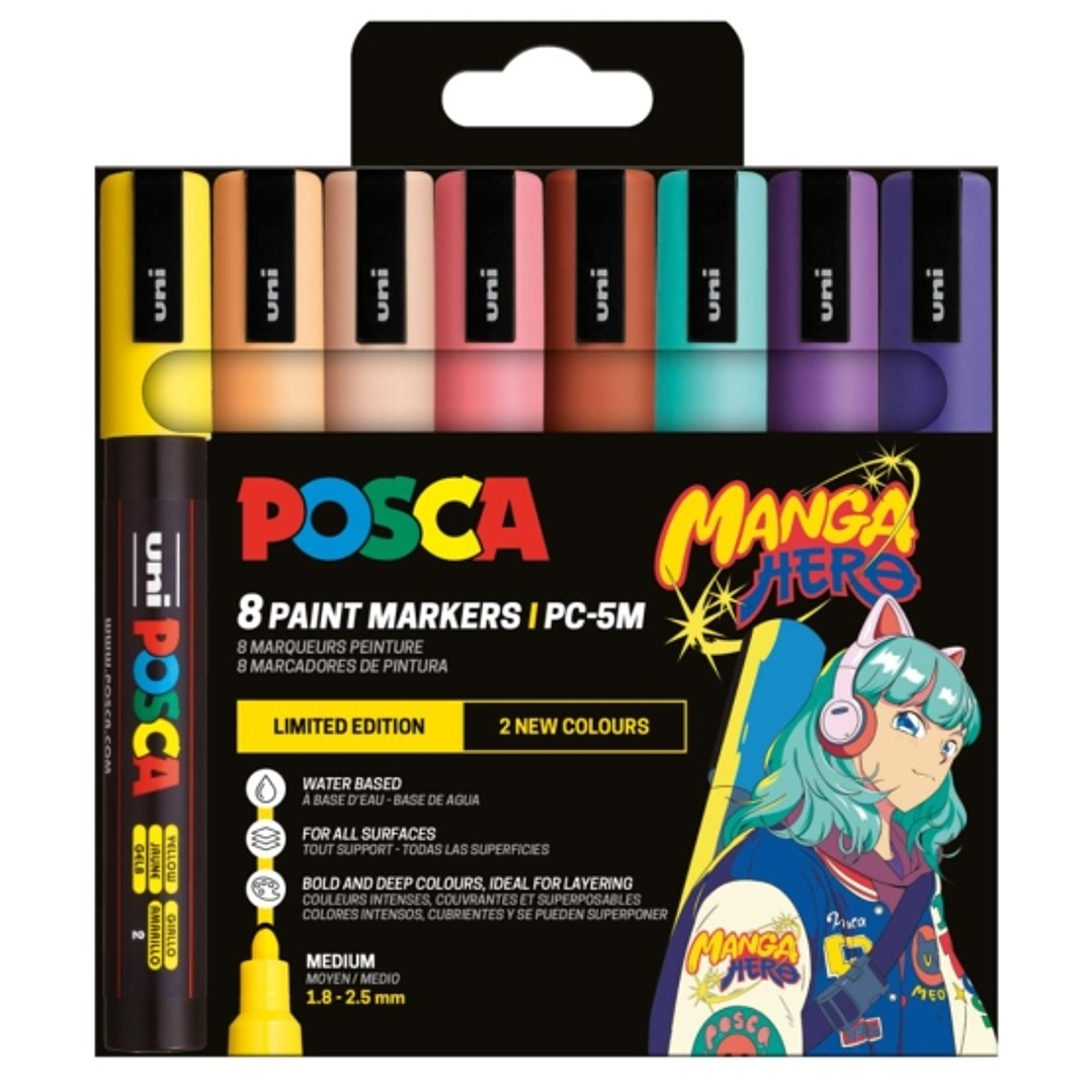 Posca Manga Hero Edicion Limitada PC-5M Pack con 8 Marcadores de Pintura - Punta de Bala 1.8-2.5mm - Tinta Base al Agua - Resistente a la Luz - No Per 1