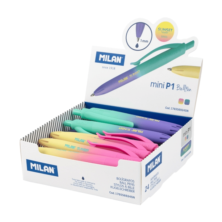 Milan Mini P1 Sunset Expositor con 24 Boligrafos de Bola Retractiles - Punta Redonda 1mm - Tinta Azul - Colores Surtidos 1