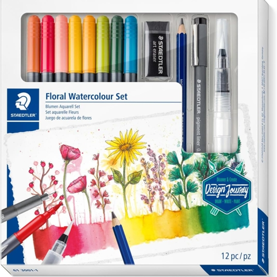 Staedtler Floral Watercolour Set Design Journey Pack con 8 Rotuladores Acuarelables Doble Punta en Colores Surtidos, 1 Rotulador Pigment Liner Negro,  1