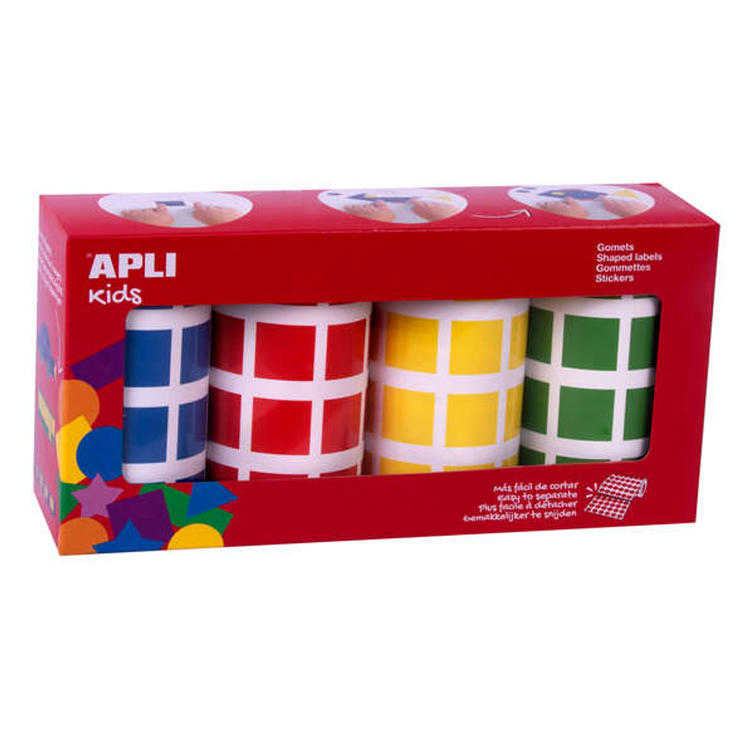 Apli Gomets Cuadrados Adhesivo Permanente - Tamaño 20 x 20mm - Pack de 4 Rollos en Colores Surtidos - 7080 Gomets por Pack 1