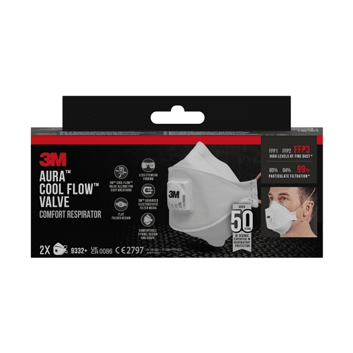 3M Aura Comfort Cool Flow Pack de 2 Mascarillas para Particulas FFP3 - Desechable - con Valvula - para Altos Niveles de Particulas - Color Blanco 1