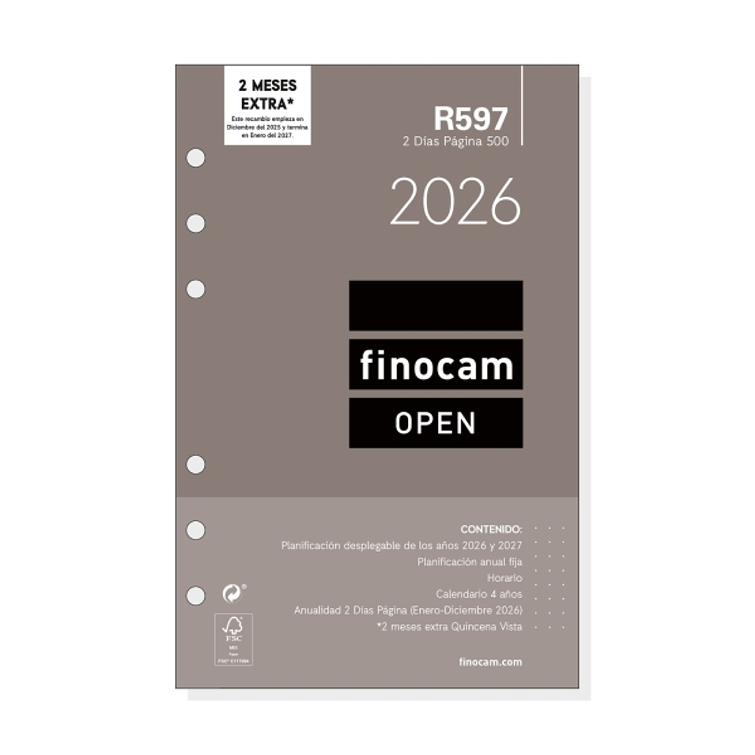 Finocam R597 Recambio Anual 2026 para Agendas Open 2026 - Formato 500 - 117x11x181mm - 2 Dias por Pagina - Color Blanco 1