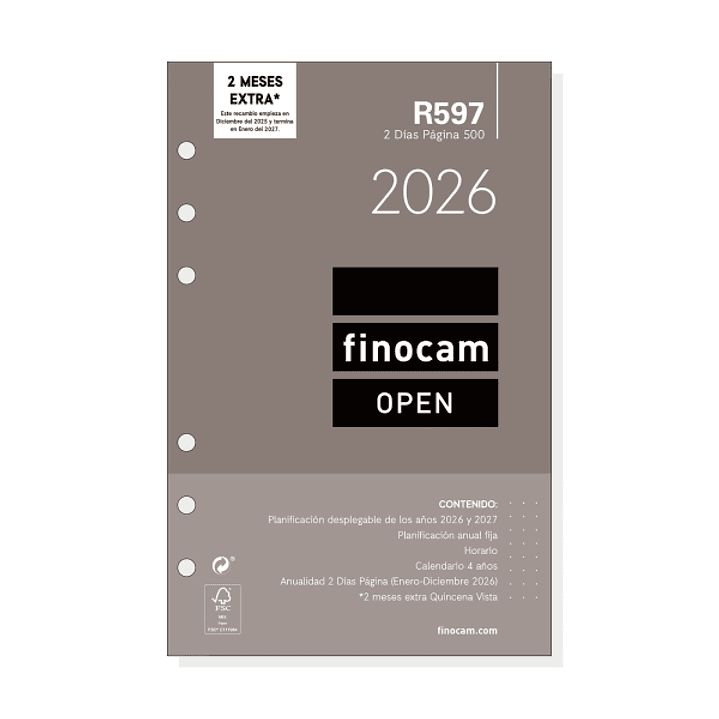 Finocam R597 Recambio Anual 2026 para Agendas Open 2026 - Formato 500 - 117x11x181mm - 2 Dias por Pagina - Color Blanco 1