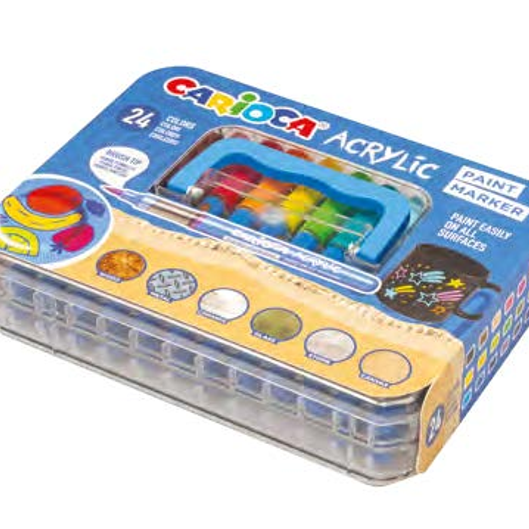 Carioca Acrylic Maleta de Plastico con 24 Marcadores de Pintura Acrilica - Punta Pincel - Tinta a Base de Agua - Alta Cobertura - Colores Surtidos 1