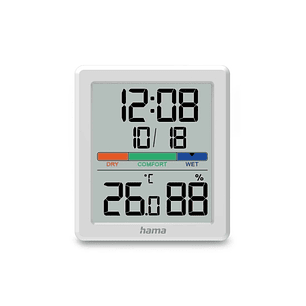 Hama Paros Medidor de Temperatura y Humedad para Interior - Pantalla Digital - Reloj - Precision 1ºC - Indicador de Confort - Permite Colgar en Pared 