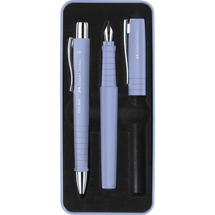 Faber-Castell Poly Pack de Boligrafo Poly Ball y Pluma Estilografica Poly Pen con Plumin B - Clip de Metal - Color Azul Claro 1
