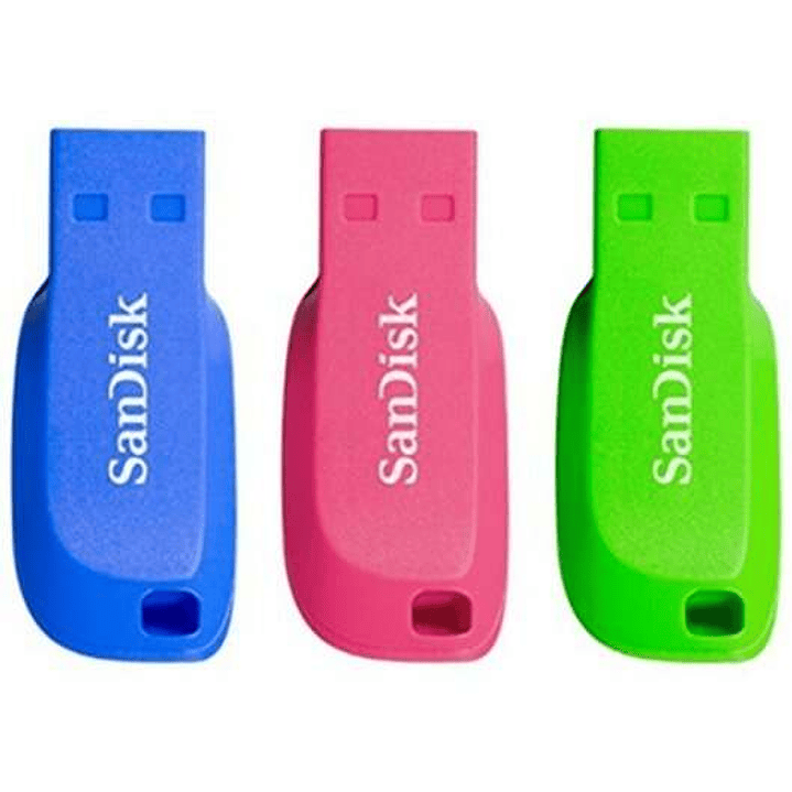 Sandisk Pack de 3 Cruzer Blade Memoria USB 2.0 32GB - Ultra Compacta - Color Azul, Rosa y Verde (Pendrive) 1