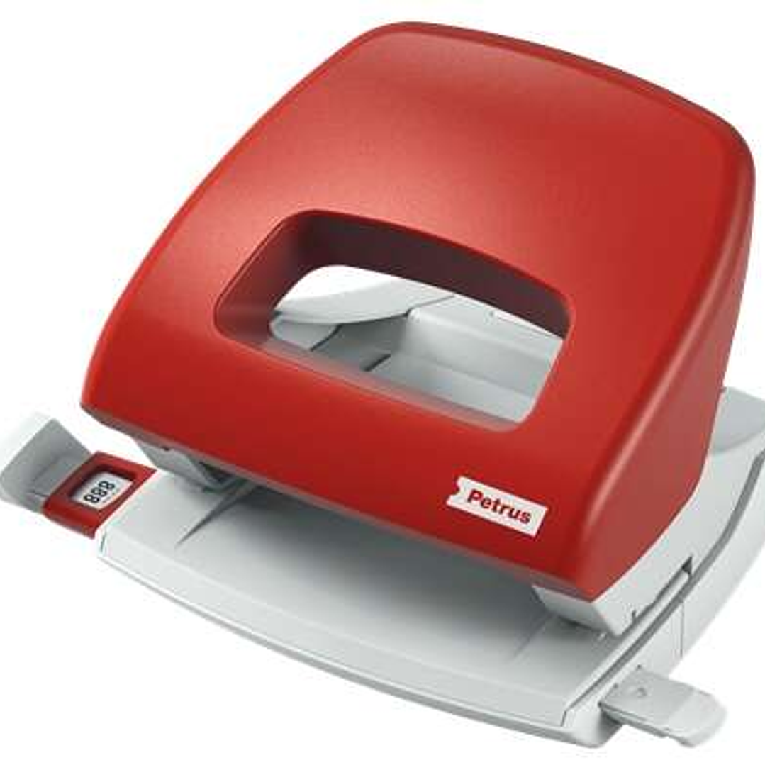 Petrus 80 Taladro Perforador Pequeño - Hasta 16 Hojas - Marcas de Formato - Facil Vaciado - Punzones 5.5mm - Color Rojo 1