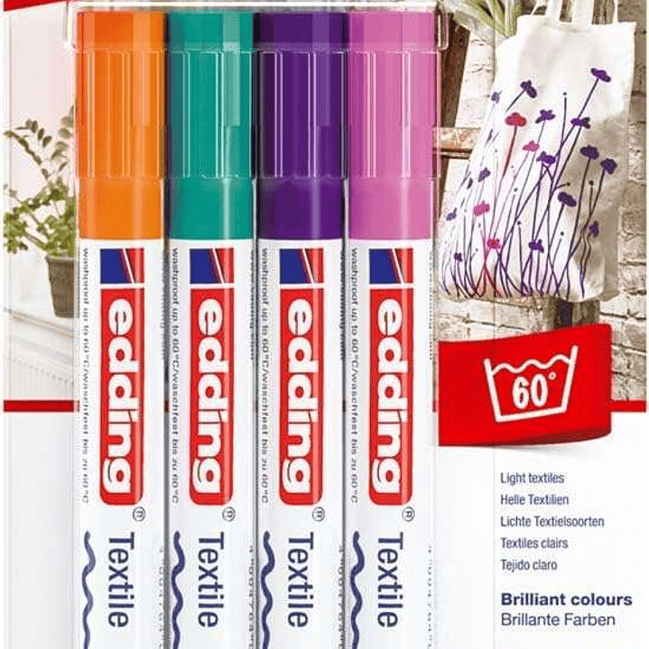 Edding 4500 Colores Divertidos Pack de 4 Rotuladores Permanentes para Textil - Punta Redonda - Trazo 2-3mm - Olor Neutro - Secado Rapido - Colores Nar 1