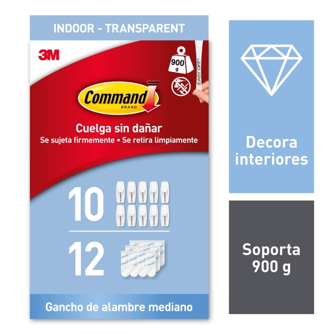 Command Pack de 10 Ganchos Mediano - 12 Tiras Adhesivas - Punta Metalica - Soporta hasta 0.9kg - Uso en Interior - Color Transparente 1