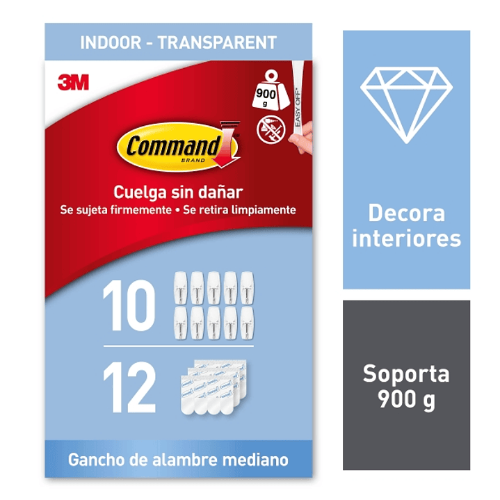 Command Pack de 10 Ganchos Mediano - 12 Tiras Adhesivas - Punta Metalica - Soporta hasta 0.9kg - Uso en Interior - Color Transparente 1