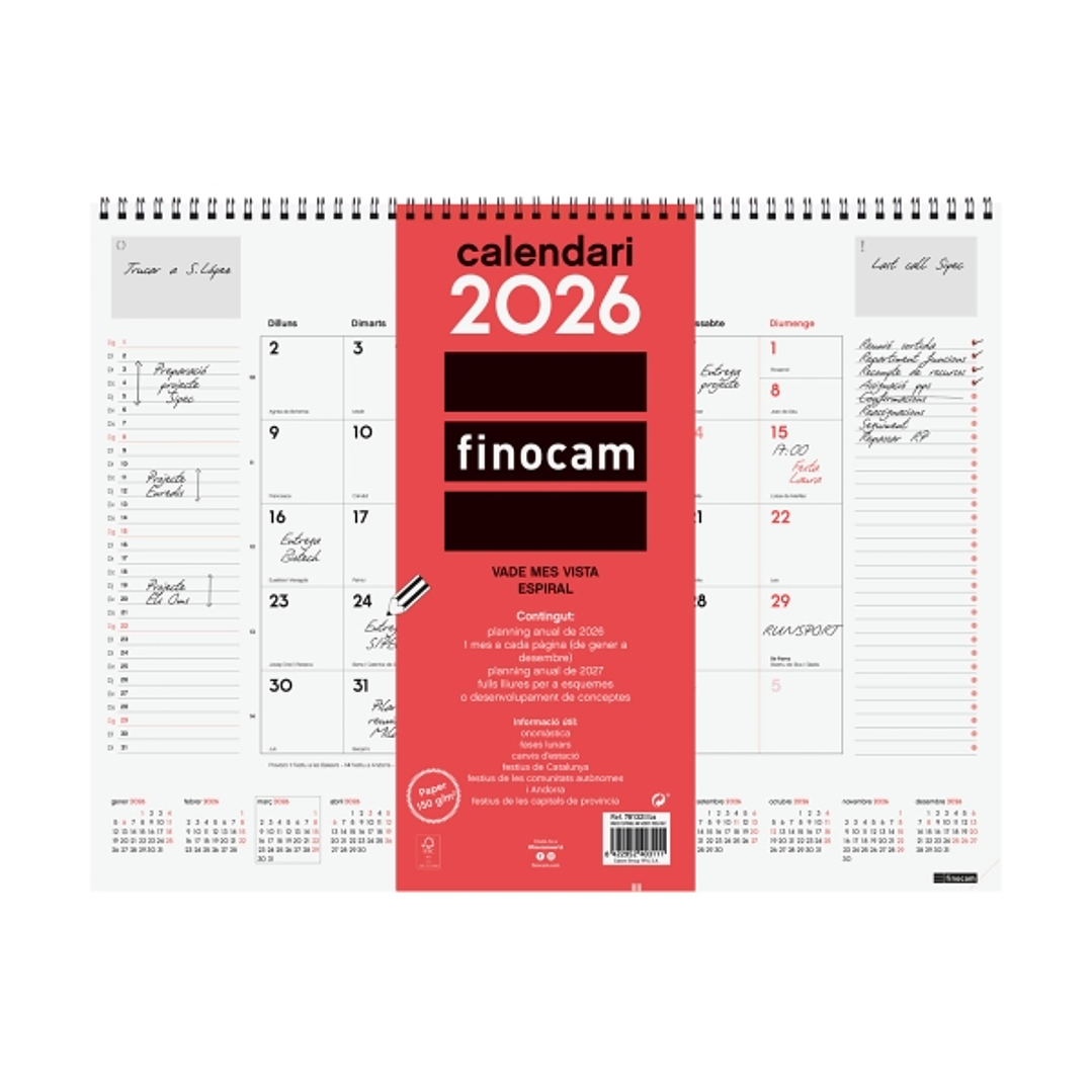 Finocam Vade Calendario de Sobremesa en Catalan - Anual 2026 - con Espiral - 420x8x320mm - Mes Vista - Color Blanco y Rojo 1
