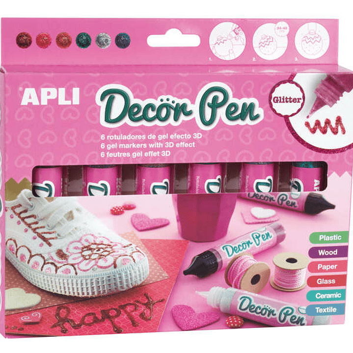 Apli Pack de 6 Rotuladores de Gel 3D con Acabado Purpurina 25ml - Personaliza Regalos, Objetos, Tarjetas, Detalles, Fotos, Carpetas, etc... - Colores  1