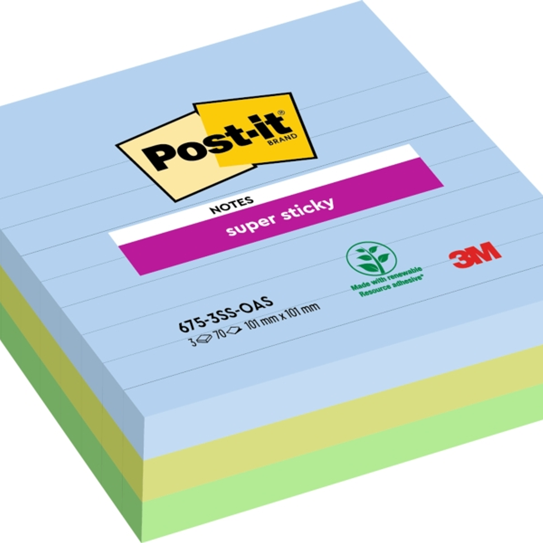 Post-It Super Sticky Pack de 3 Blocs de 70 Notas Adhesivas Reposicionables - Forma Cuadrada - 101x101mm - Colores Surtidos 1
