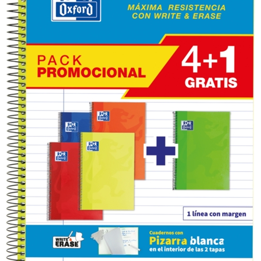 Oxford School Classic Write&Erase Pack 4+1 Fº - Cuaderno Espiral - Tapa Extradura - 1 Linea con Margen - 80 Hojas - Colores Surtidos 1