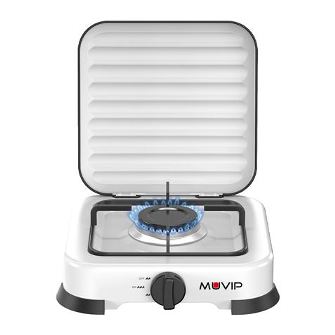 Muvip Vulcano Cocina de Gas con 1 Fuego - Tapa Protectora - Patas de Goma - Superficie Esmaltada - Quemador Extraible - 26.8x26x8x5.9cm - Color Blanco 1