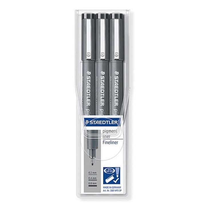 Staedtler Pigment Liner 308 Pack de 3 Rotuladores de Punta Fina - Punta Larga - Secado Rapido - Color Negro 1