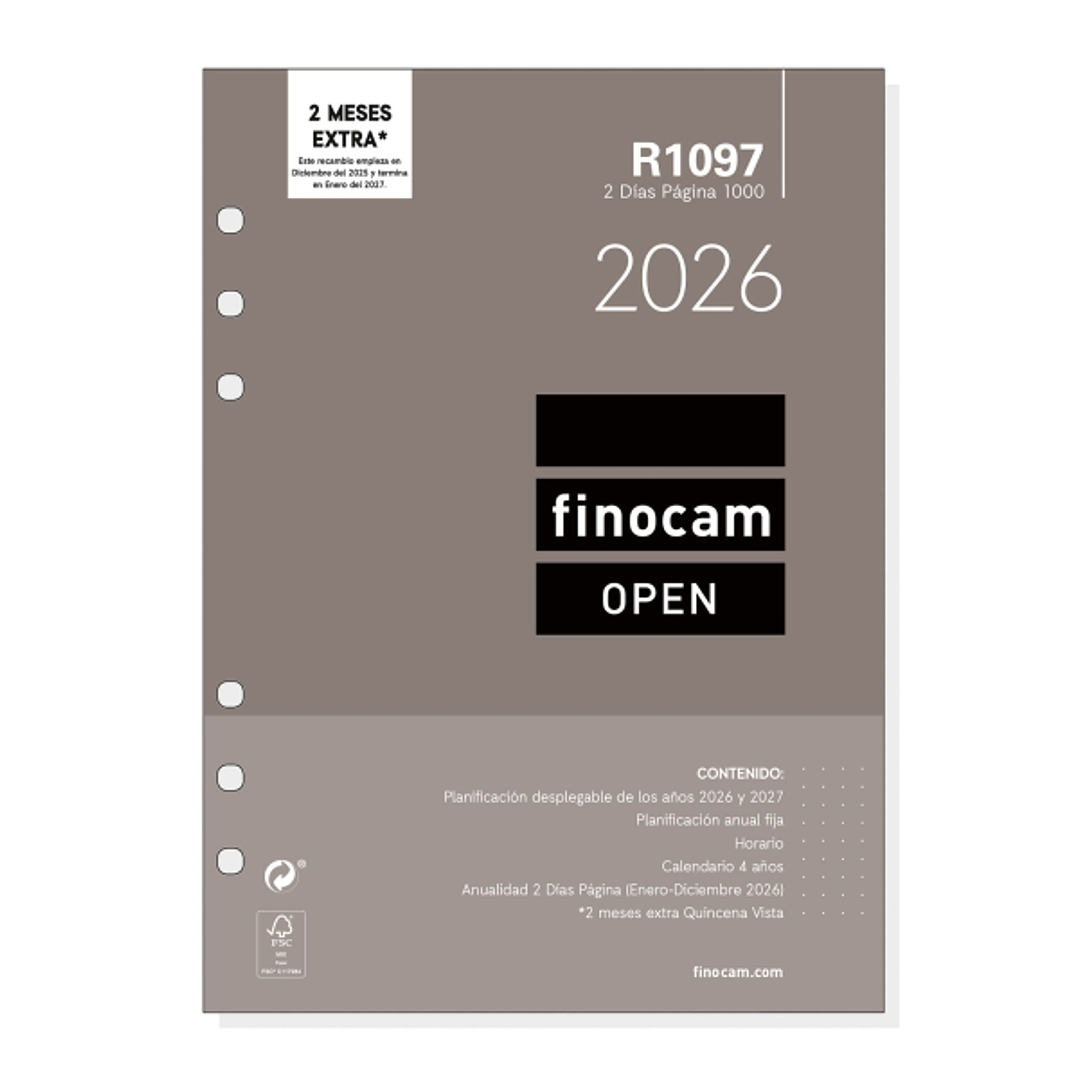 Finocam R1097 Recambio Anual 2026 para Agendas Open 2026 - Formato 1000 - 155x11x215mm - 2 Dias por Pagina - Color Blanco 1