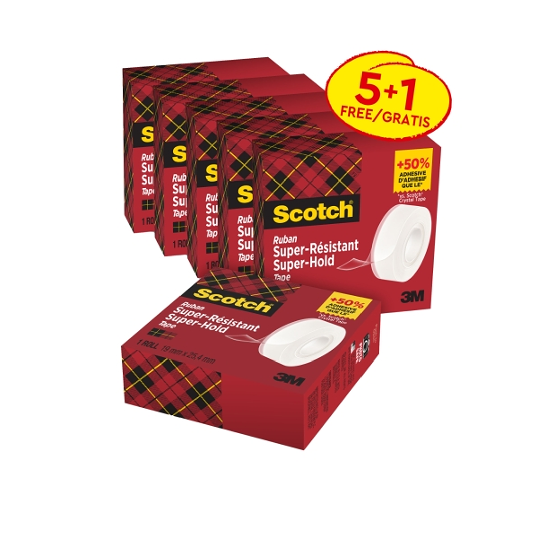 Scotch Super-Hold Pack de 6 Cintas Adhesivas - Extrafuerte - 19mm x 25.4m - Promocion 5 + 1 Gratis - Color Transparente 1