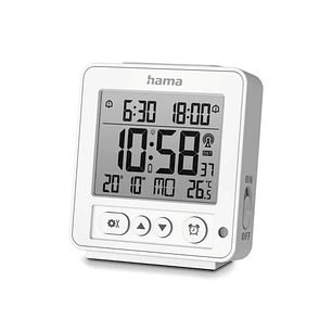 Hama Rhodes Radio Reloj Despertador - Pantalla Digital - Termometro - Funcion de Repeticion de Alarma - 2 Alarmas Configurables - Zona Horaria Ajustab