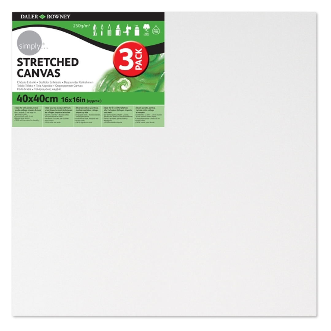 Daler Rowney Simply Pack de 3 Bastidores Entelados- 40x40cm - Imprimacion Triple - Grano Medio - 100% Algodon sin Acido - 250g - Color Blanco 1