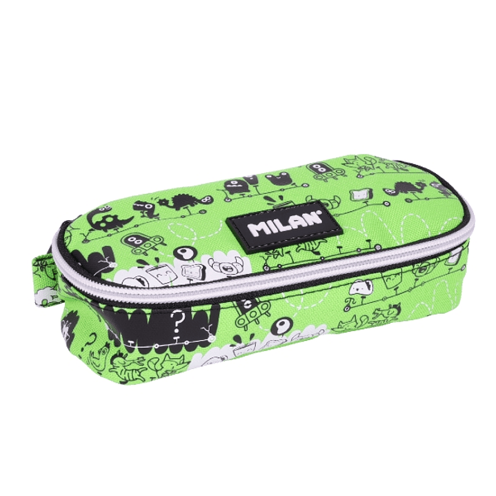 Milan Tandem 2 Estuche Portatodo - Ovalado - Cierre con Cremallera - Malla Interior - 20.5x9x5.5cm - Color Verde 1