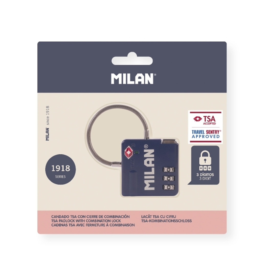 Milan 430 Since 1918 Candado TSA con Cierre de Combinacion - 3 Digitos - Metalico - Color Azul 1