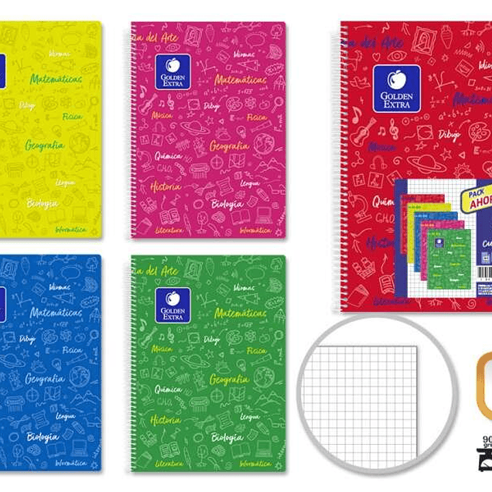 Golden Pack de 5 Cuadernos Asignatura Folio 80 Hojas 90gr Cuadricula 4x4 - Resistente - Tapa Plastica - Ideal para Estudiantes - Colores Surtidos 1