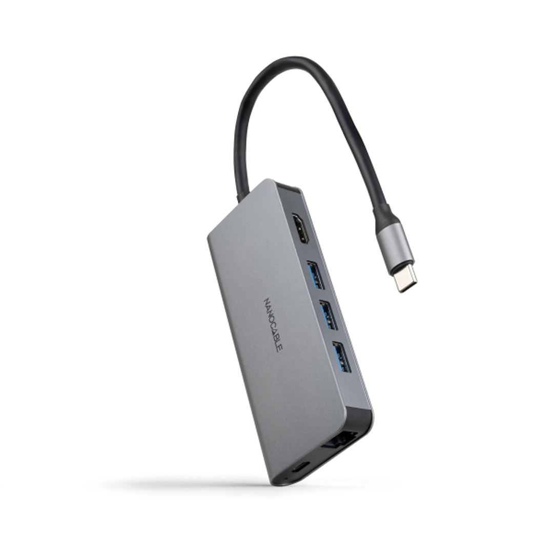 Nanocable HUB USB-C 8 en 1 - Conversor USB-C 3.1 a 3 x USB-A 3.0 + USB-C PD 100W + HDMI 4K@60Hz + RJ45 + TF + SD - Aluminio - 18cm - Color Gris 1