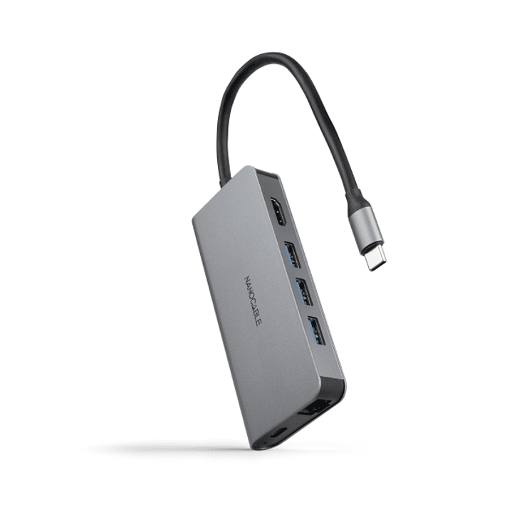Nanocable HUB USB-C 8 en 1 - Conversor USB-C 3.1 a 3 x USB-A 3.0 + USB-C PD 100W + HDMI 4K@60Hz + RJ45 + TF + SD - Aluminio - 18cm - Color Gris 1