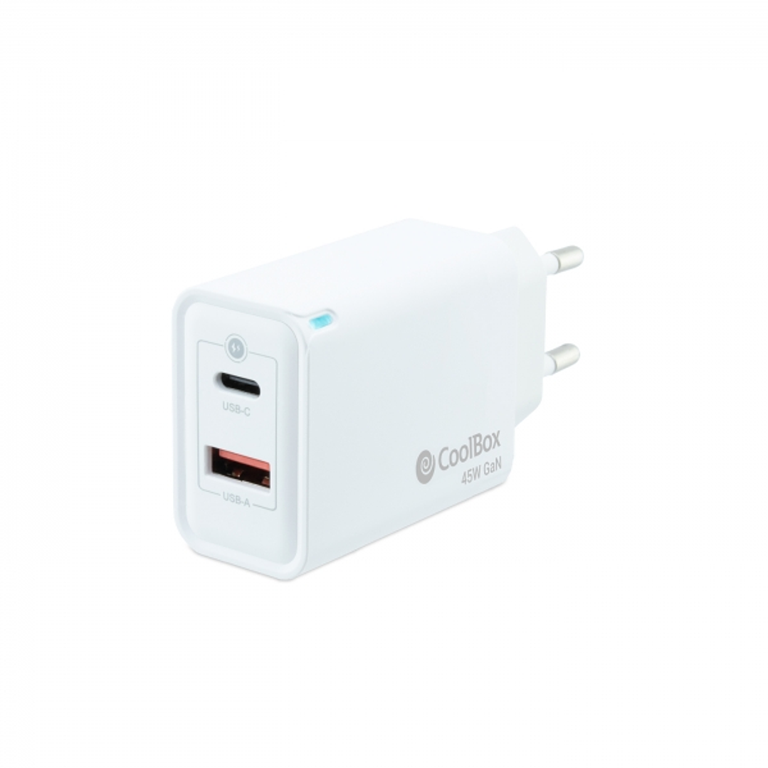 Coolbox Cargador de Pared 45W QC3.0 + PD - USB-A + USB-C - Carga Rapida - Tecnología GaN - Color Blanco 1