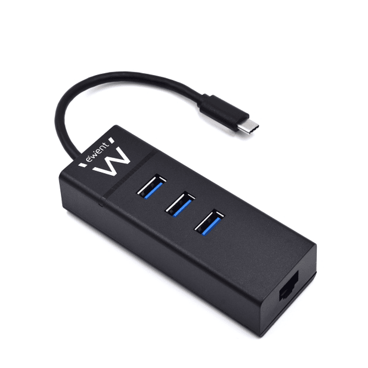 Ewent Hub USB-C 4 en 1 - 3x USB-A - 1x RJ45 - hasta 1000Mbps - Cable de 15cm - Color Negro 1