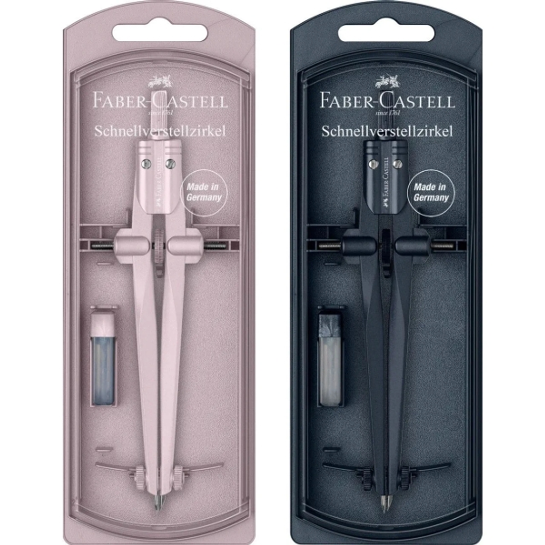 Faber-Castell Stream 2025 Compas Escolar de Ajuste Rapido - Circunferencias de hasta Ø 340mm - Incluye Bote de Minas - Colores Rosa y Azul Marino Alea 1