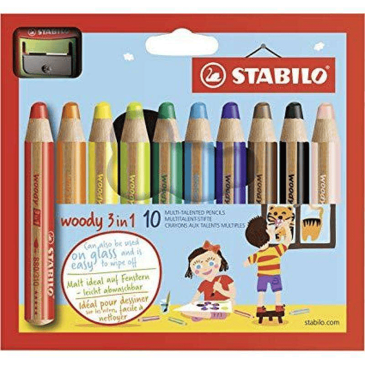 Stabilo Woody 3 en 1 Pack de 10 Lapices de Colores + Sacapuntas - Lapiz de Color, Cera y Acuarela, Todo en Uno - Mina XXL 10mm - Colores Surtidos 1