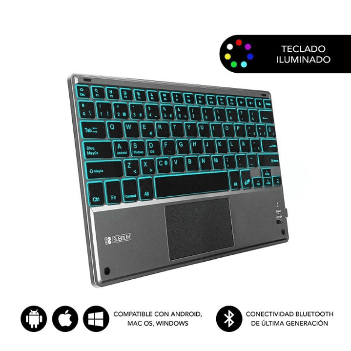 Subblim Teclado Retroiluminado Ultrafino SMART BT - TouchPad - Iluminación Hasta 7 Colores Ajustables - Bluetooth 3.0 - Autonomia 30 dias - Color Negr 1