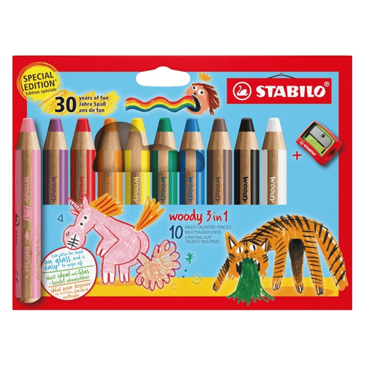 Stabilo Woody 3 en 1 30º Aniversario Unicornio y Tigre Pack de 10 Lapices de Colores + Sacapuntas - Lapiz de Color, Cera y Acuarela, Todo en Uno - Min 1