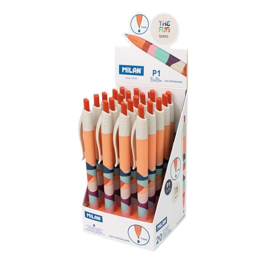 Milan P1 The Fun Expositor de 20 Boligrafos de Bola Retractiles - Punta Redonda 1mm - Tinta Color Azul 1