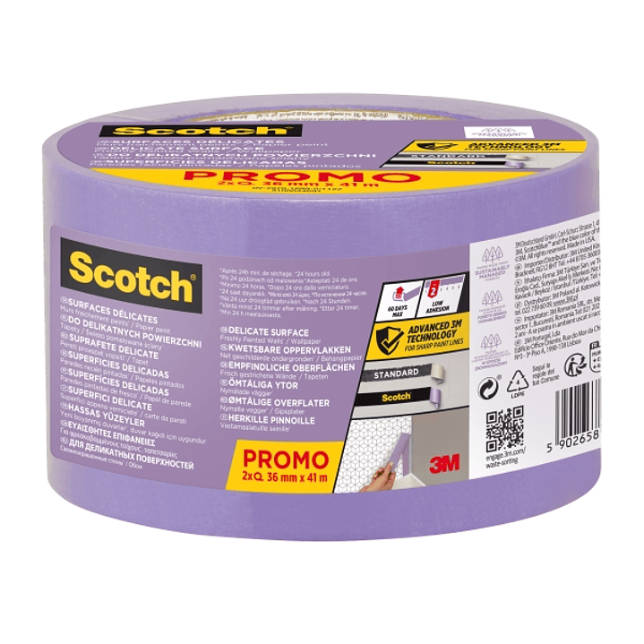 Scotchblue Pack de 2 Cintas de Enmascarar para Superficies Delicadas - 36mm x 41m - 100% PEFC - Color Morado 1