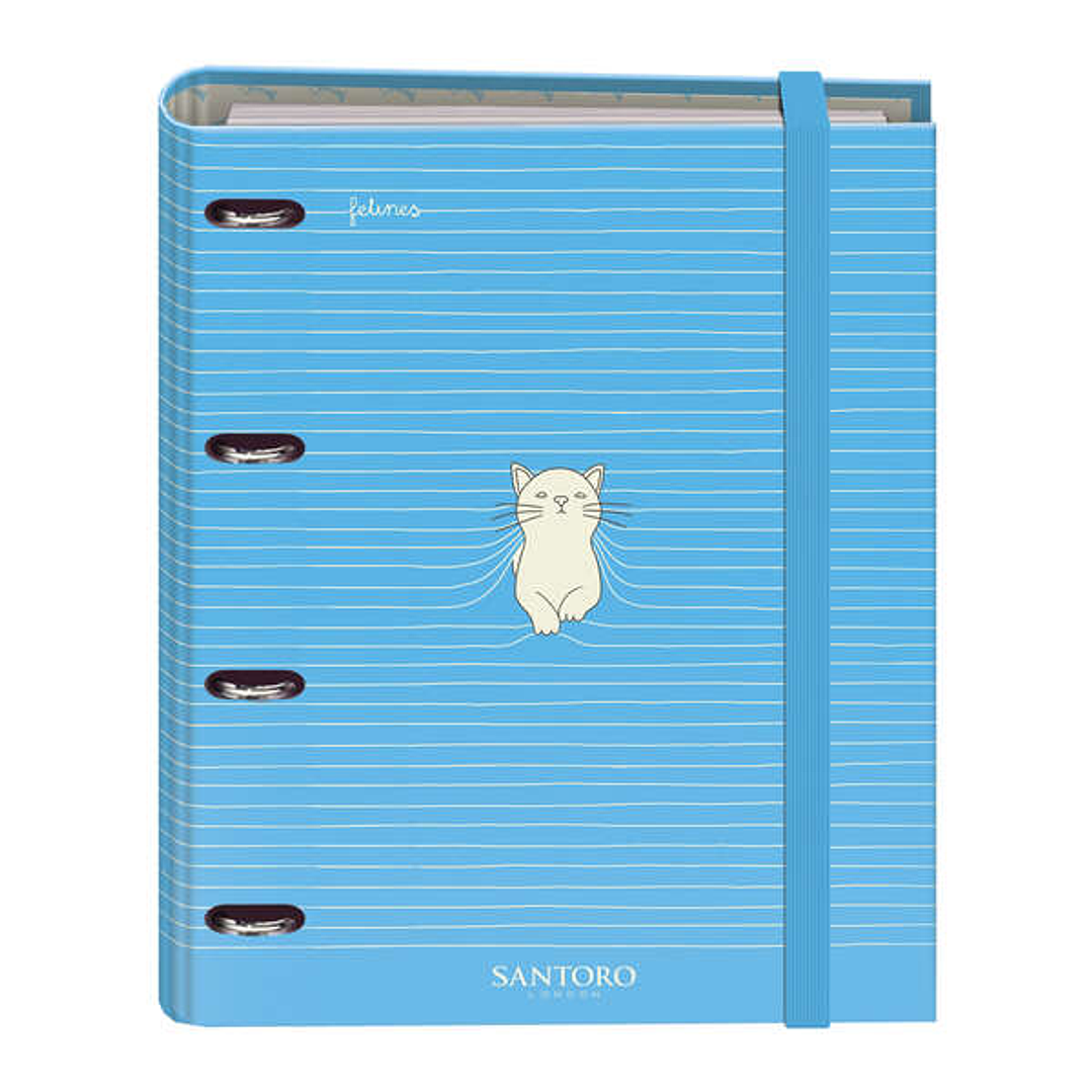 Dohe Santoro Felines Carpeta de 4 Anillas Formato A4 con Recambio de 100 Hojas - 4 Separadores de Colores - Cierre con Goma Elastica - Anillas de 35mm 1