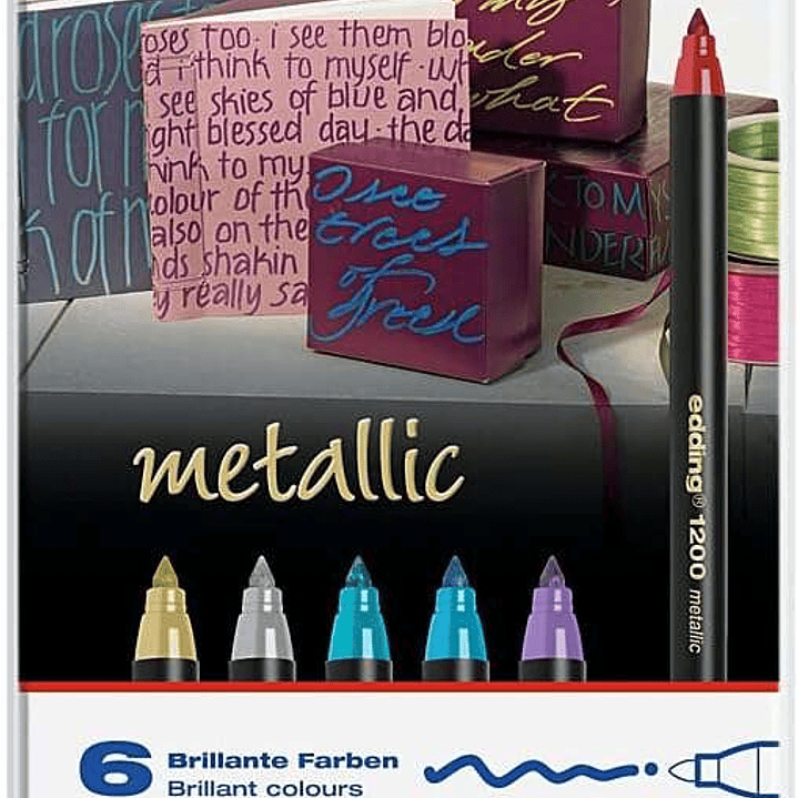 Edding 1200 Metallic Pack de 6 Rotuladores - Punta Redonda - Trazo 1mm - Tinta con Base de Agua - Colores Oro, Plata, Rojo, Azul, Violeta y Verde Meta 1