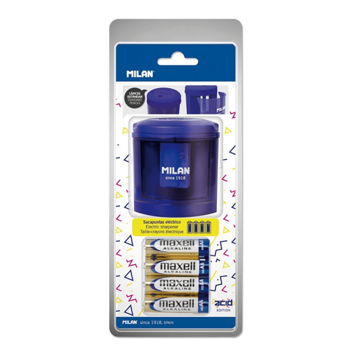 Milan Power-Sharp Acid Sacapuntas Electrico - Pilas Incluidas - Deposito Integrado - Cuchilla de Acero al Carbono de Seguridad - Color Azul 1