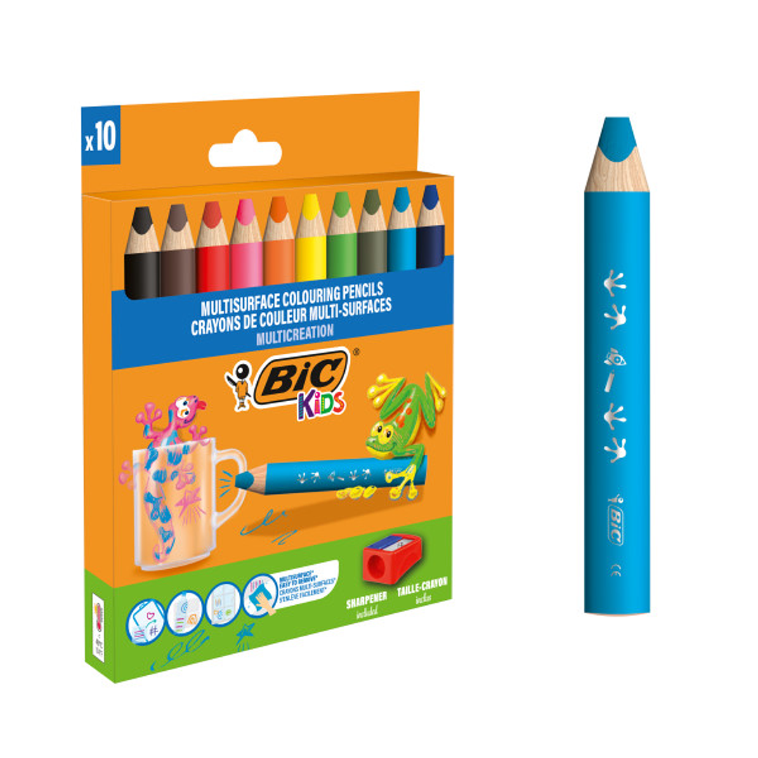 Bic Kids Multisuperficie Pack de 10 Lapices de Colores + Sacapuntas - Cuerpo Triangular - Minas Borrables en Superficies No Porosas - Colores Surtidos 1