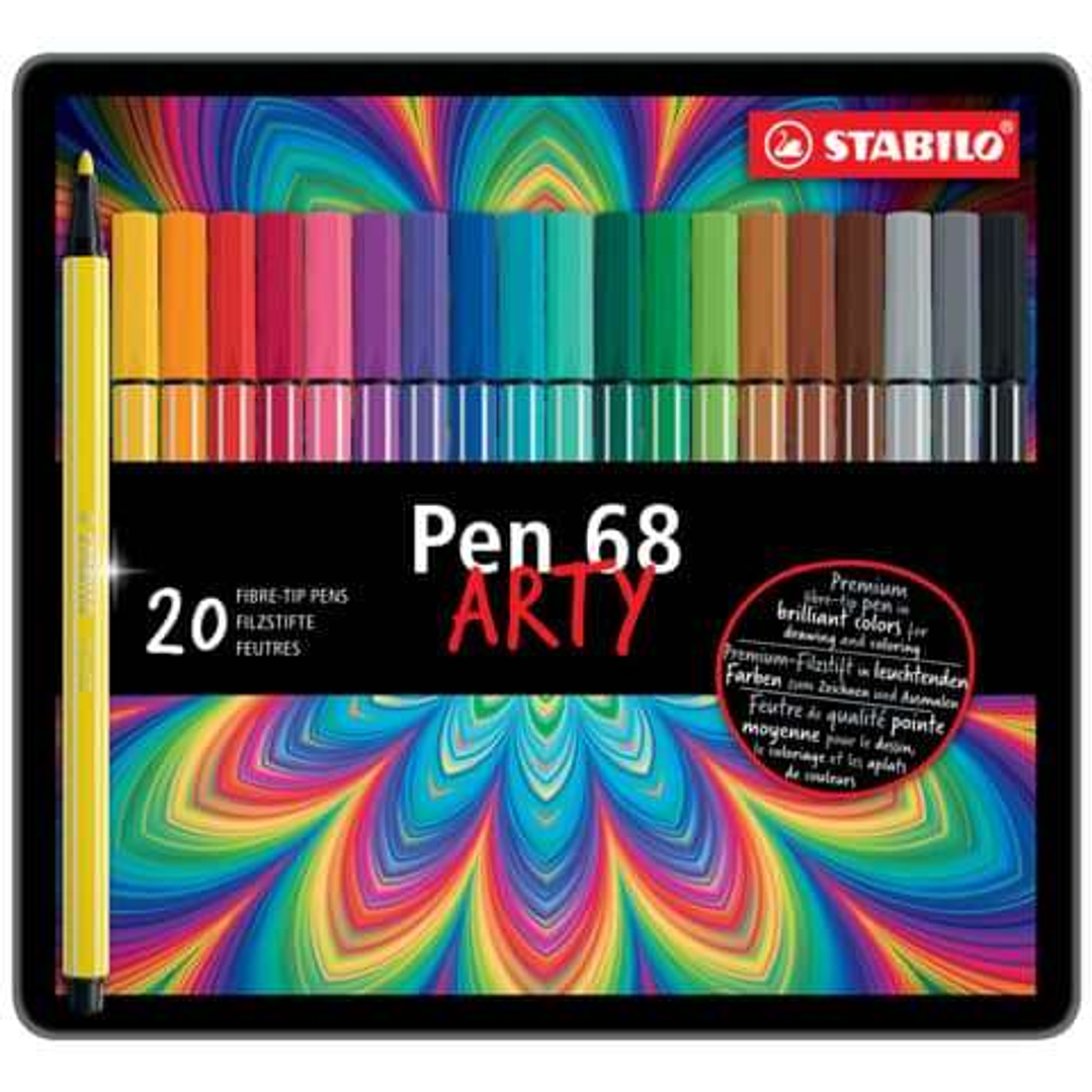Stabilo Pen 68 Arty Caja Metalica de 20 Rotuladores - Punta de Fibra - Trazo de 1mm aprox. - Tinta a Base de Agua - Capuchon Ventilado - Colores Surti 1