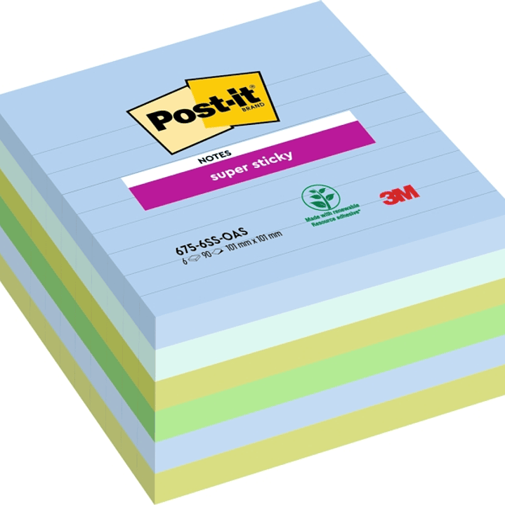 Post-It Super Sticky Pack de 6 Blocs de 90 Notas Adhesivas Reposicionables - Forma Cuadrada - 101x101mm - Colores Surtidos 1
