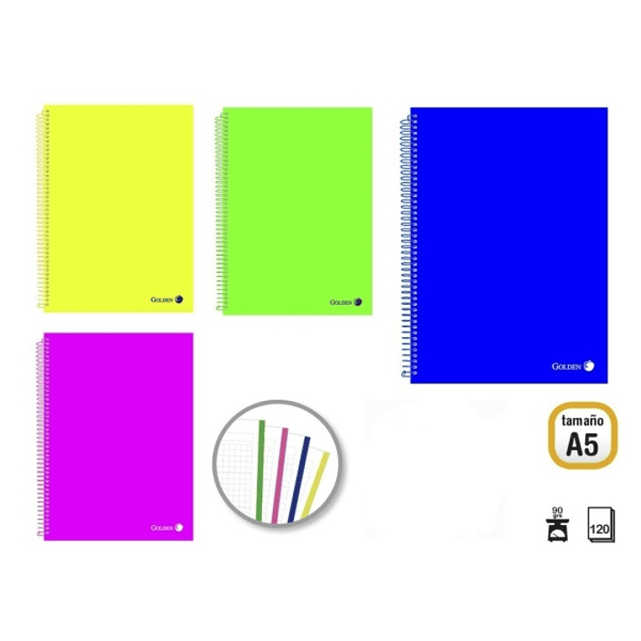 Golden Pack de 8 Cuadernos A5 120 Hojas 90gr Cuadricula 5x5 - Hojas Microperforadas con Banda de Color y 2 Taladros - Tapa Polipropileno - Colores Sur 1