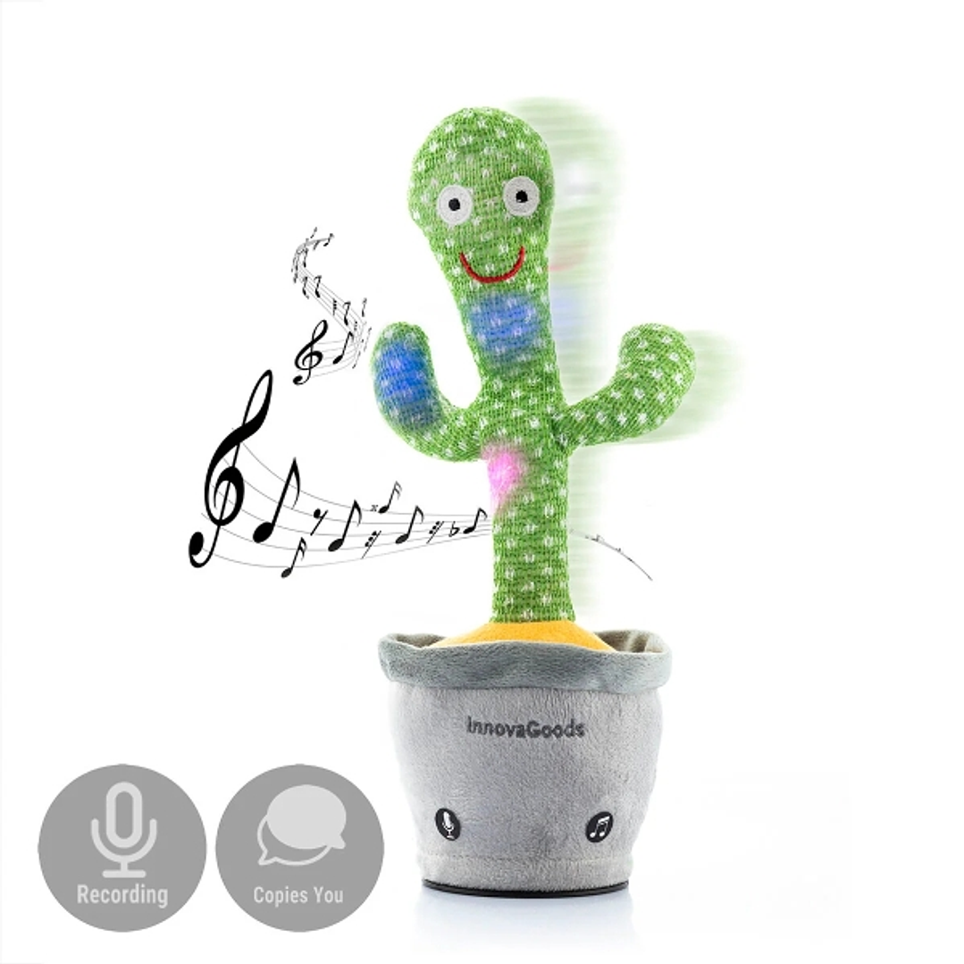 Innovagoods Cacxi Cactus Bailarin y Parlanchin con Musica - Bateria 180mAh - Luz LED - Recargable - 10x30x10cm - Color Verde y Gris 1