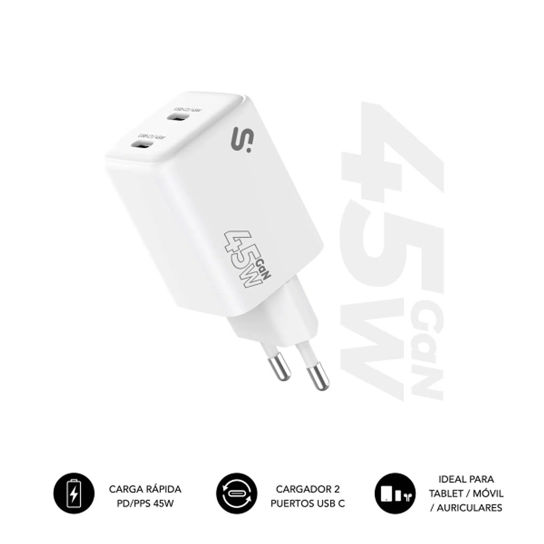 Subblim Cargador de Pared GaN 45W - 2xUSB-C -  Carga Ultra rápida - Color Blanco 1