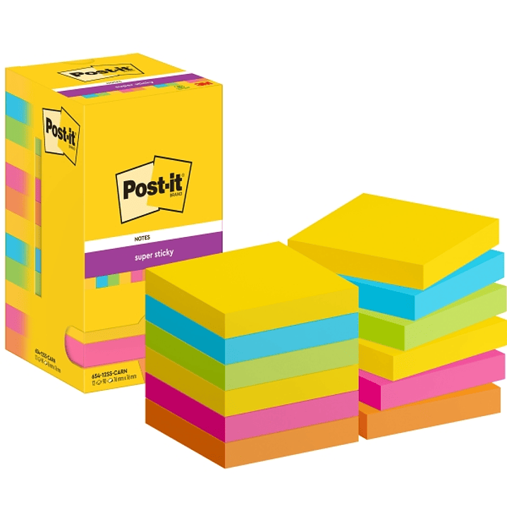 Post-It Super Sticky Pack de 12 Blocs de 90 Notas Adhesivas Reposicionables - Forma Cuadrada - 76x76mm - Colores Surtidos 1